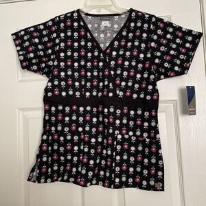Womens Scrub Top XS Pockets Medical Ditsy Floral Cottage Core Boho Nurse Black